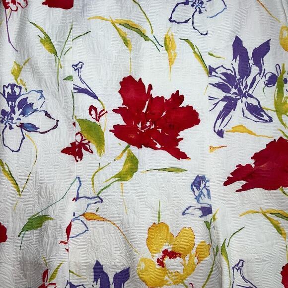 David Meister Fluted Embossed Cotton Skirt Floral Red Yellow Poppies Size 14 - Picture 3 of 10